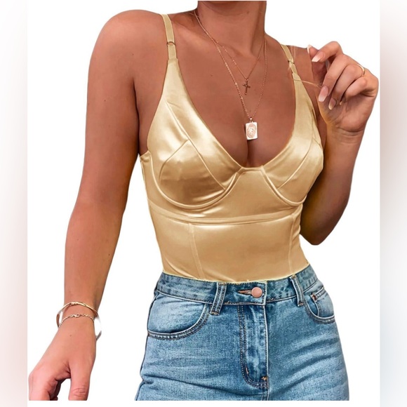 NEW Velius Women's Sexy Deep V Neck Shiny Bodysuit Tank Tops Underwire XL Gold - Picture 4 of 16